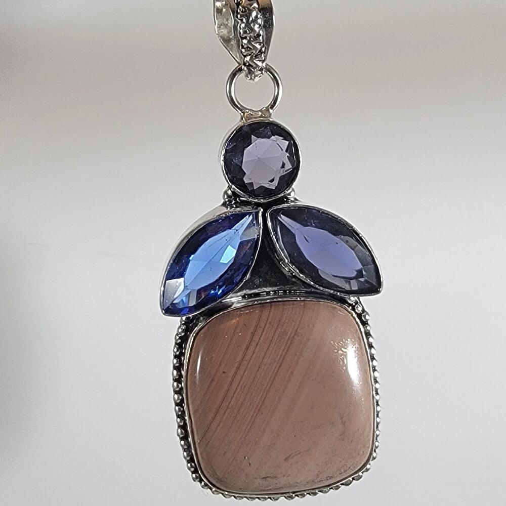 Rhodonite Pendant Necklace – With Iolite Accents + 20" Sterling Silver Chain